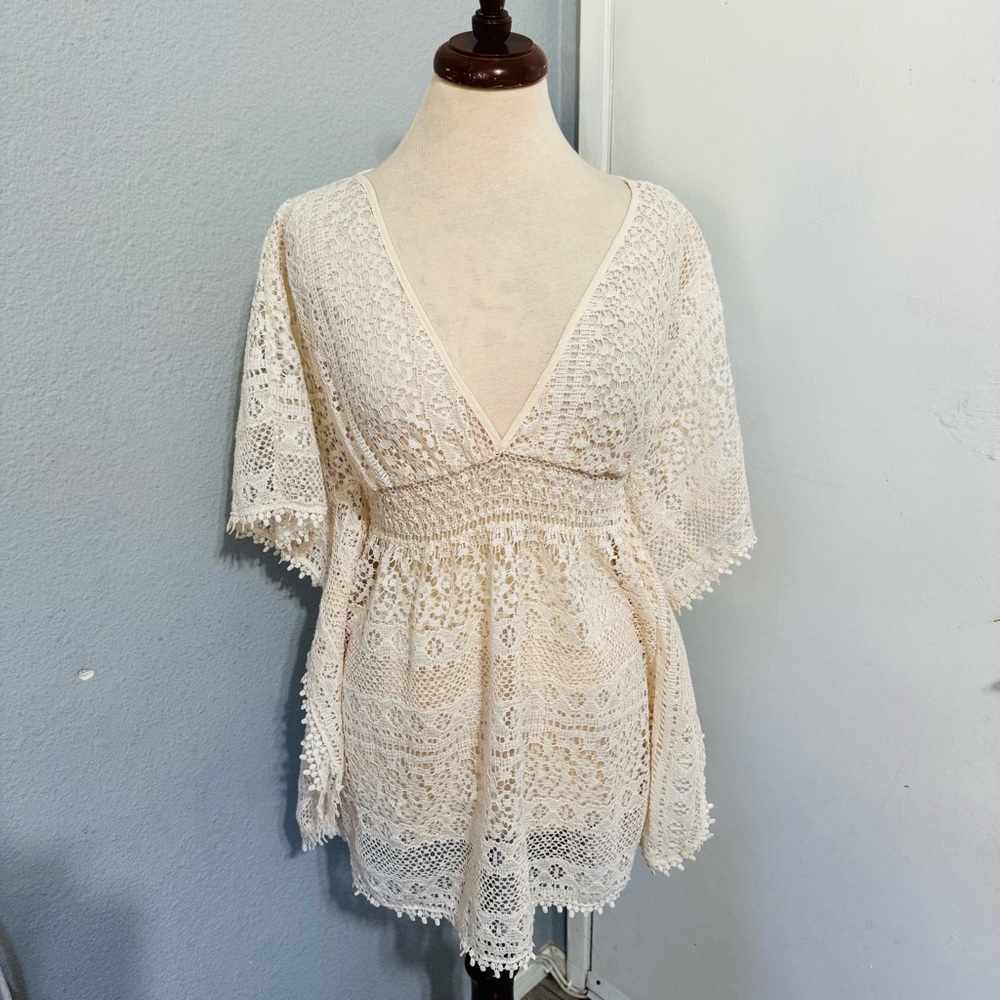 Xhilaration Women Bohemian Cream V-Neck Lace Swim Cover Up Top Sz M